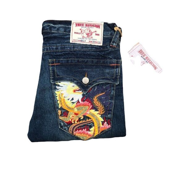 BRAND New Vintage True Religion Embroidered Jeans Size 34 BILLY Blue - Picture 5 of 12